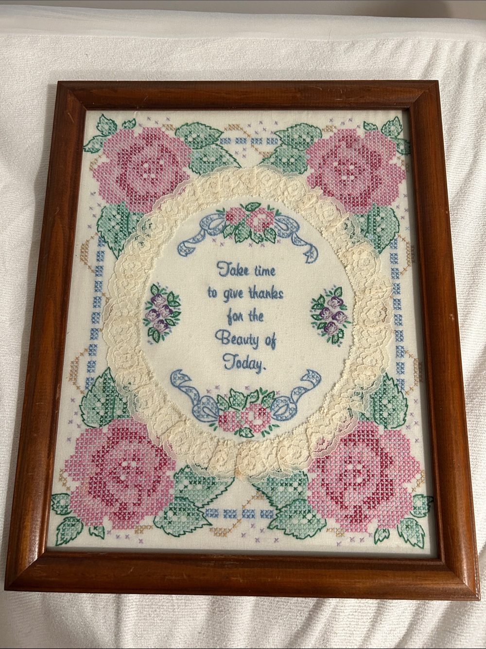 Framed Floral Cross-Stitch with Lace Medallion - Pink & Green